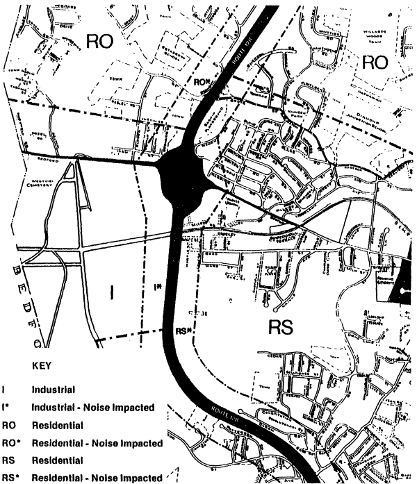 Zoning map showing areas marked as follows: 'I' (Industrial), 'I*' (Industrial - Noise Impacted), 'RO' (Residential), 'RO*' (Residential - Noise Impacted), 'RS' (Residential), 'RS*' (Residential - Noise Impacted).