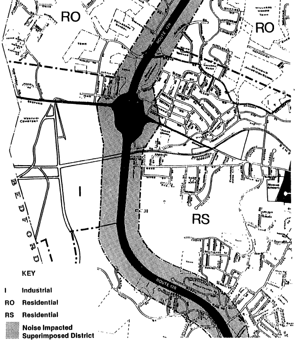 Zoning map showing areas marked as follows: 'I' (Industrial), 'RO' (Residential), 'RS' (Residential). A shaded area along Route 78 represents a Noise Impacted Superimposed District.