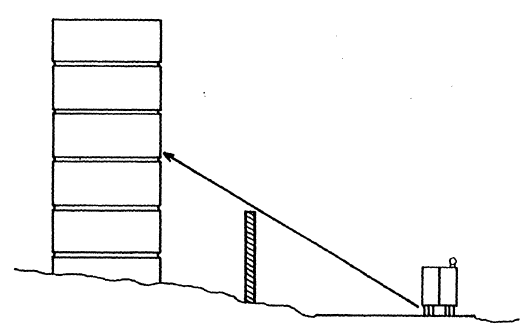 Drawing of a building with a noise barrier. The arrow indicates the level of the building protected by the barrier.