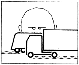 Cartoon drawing of a man's face behind two trucks