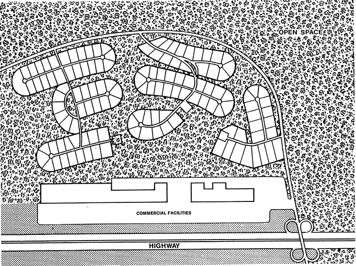 Drawing of a Planned Unit Development. Commercial facilities are built closest to the highway, protecting the residential area from traffic noise.