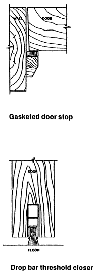 Drawings of Gasketed door stop and Drop bar threshold closer.