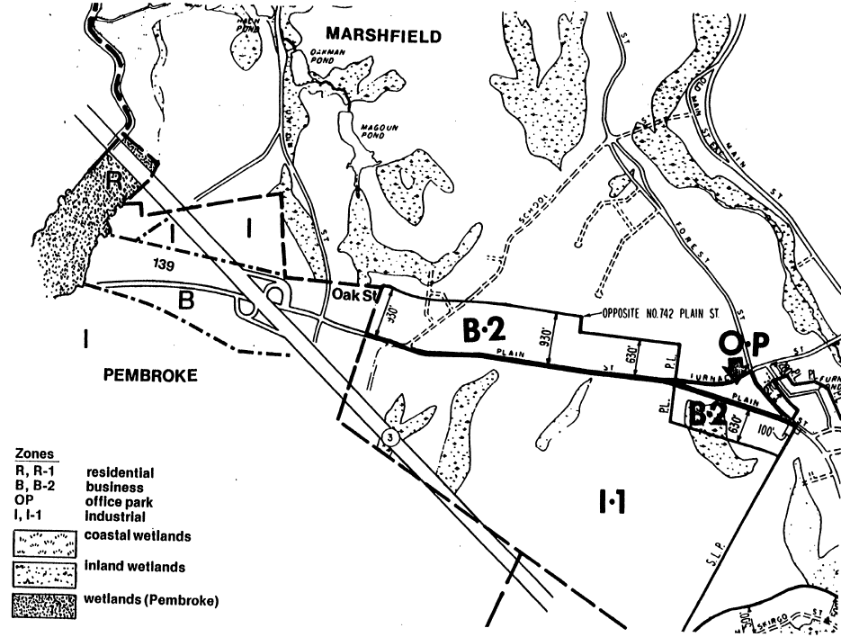 Map of the study site with Zones marked for Residential, Business, Office Park, and Industrial. Coastal wetlands, Inland wetlands, and Pembroke wetlands are also marked.