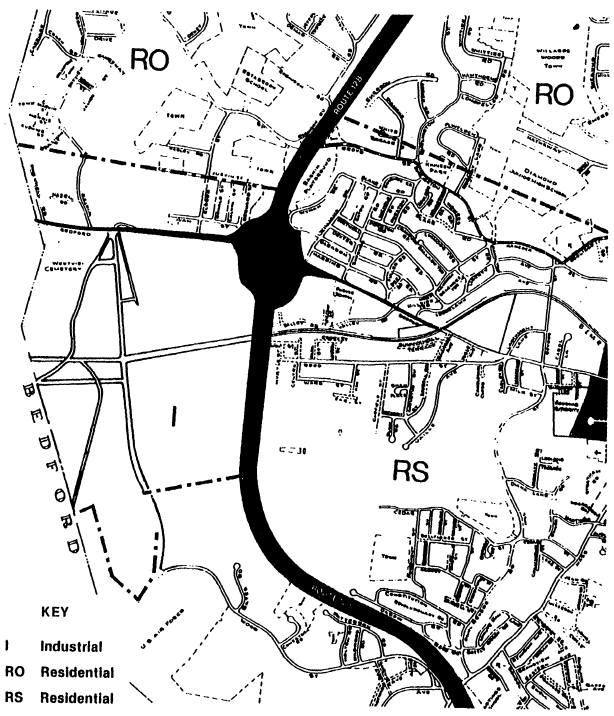 Zoning map showing areas marked as follows: 'I' (Industrial), 'RO' (Residential), 'RS' (Residential).