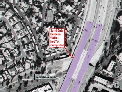 arial view showing location of rubberized asphalt, new noise walls, and monitoring sites