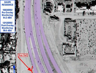 arial view showing location of rubberized asphalt, new noise walls, and monitoring sites