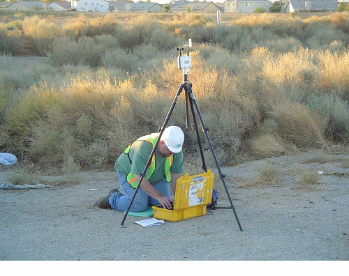 This figure contains 3 photographs of noise measurement set-ups that are in conformance with the set-up required for REMEL level measurements. The first contain two individuals setting up a radar gun to determine the speed of the traffic.  The second is of an individual setting up a video camera to tape the traffic as measurements are being taken.  The third is of two noise meter as different distances from the road, while a heavy truck passes by. 
