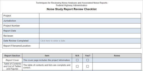 Title: Noise Study Report Review Checklist - Description: An excerpt from a Noise Study Report Review Checklist form showing items which need to be filled-in.