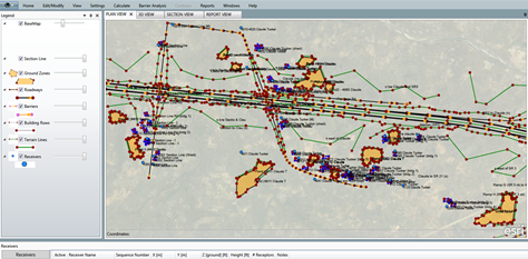 Title: Sample Plan View of a TNM project - Description: A computer screenshot of a plan view of a project modeled in TNM showing many graphical elements including roadways, terrain lines, and ground zones.