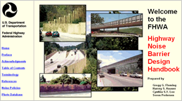 Title: Highway Noise Barrier Design Handbook - Description: Cover page of the Highway Noise Barrier Design Handbook showing various images depicting barrier design considerations.
