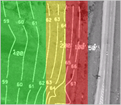 Title: Sound level contours - Description: Three color traffic noise level contours overlaid on an aerial showing how sound levels vary by distance to the adjacent roadway.