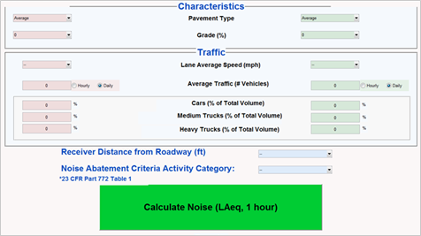 Title: Low-Volume Road Noise Calculation Tool - Description: A screenshot of FHWA's Low Volume Road Noise Calculation Tool showing the various input items.