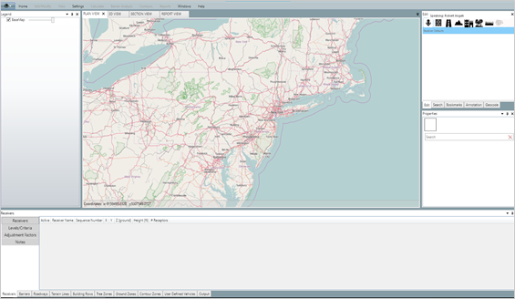 Title: Initial Screen - Description: TNM 3.0 initial screen showing 5 panes, with map of the northeastern U.S. at the top.