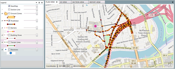 Title: Plan View - Description: Screenshot of TNM 3.0 showing the roadway plan view with tools on the left and the roadway on the right.