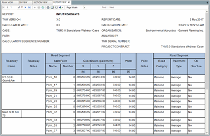 Title: Roadway report view - Description: Screenshot of TNM 3.0 showing the roadway report.