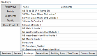 Title: Roadway input data - Description: Screenshot of TNM 3.0 showing an example list of roadways.