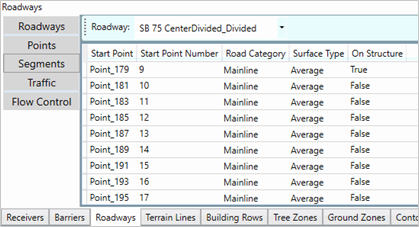 Title: Segment data - Description: Screenshot of TNM 3.0 showing information on example individual roadway segments.