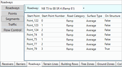 Title: Segments - Description: Screenshot of TNM 3.0 showing Roadways segment information, including category, surface type, and on structure.