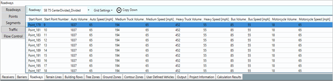 Title: Traffic volume and speed - Description: Screenshot of TNM 3.0 showing roadway traffic volume and speed by vehicle class.