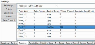 Title: Traffic Control Devices - Description: Screenshot of TNM 3.0 showing roadway point traffic control device, vehicles affected, and constraint speed.
