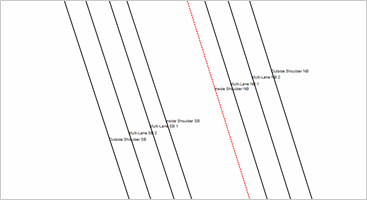 Title: Roadway layout - Description: Screenshot of TNM 3.0  showing an example of the layout of multilane roadway, with parallel lanes.