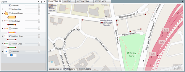 Title: Plan View - Description: Screenshot of TNM 3.0 showing the building rows plan view, with tools on the left and the plan view on the right.