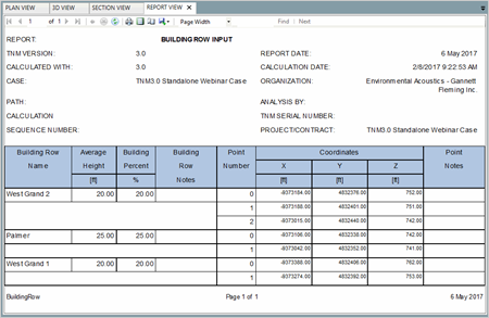 Title: Report View - Description: Screenshot of TNM 3.0 showing the Building rows report view, with fields for average height, building percent, and coordinates.