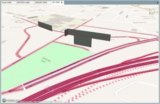 Title: 3D View - Description: Screenshot of TNM 3.0 showing 3D view of building rows, representing residential homes.