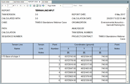 Title: Report View - Description: Screenshot of TNM 3.0 showing terrain lines report view with data for notes, and coordinates x, y, and z