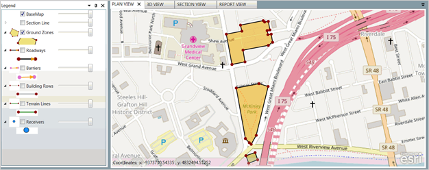 Title: Plan View - Description: Screenshot of TNM 3.0 showing ground zones plan view with tools on the left and plan view on the right