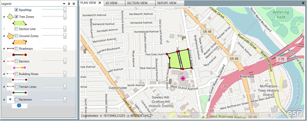 Title: Plan View - Description: Screenshot of TNM 3.0 showing the tree zones plan view with tools on the left and plan view on the right.