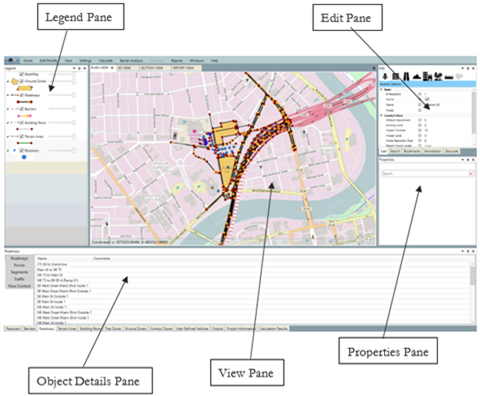 Title: Layout of TNM 3.0 - Description: Screenshot of TNM showing five subpanes. Starting from the upper left and going clockwise, the legend pane, the view pane, the edit pane, the properties pane, and the objects details pane on the bottom.