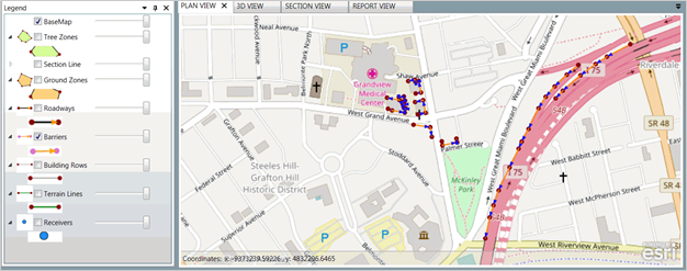 Title: Plan View Layout - Description: Screenshot of TNM 3.0 showing the barrier plan view layout with tools on the left and plan view on the right.