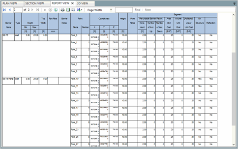 Title: Report View - Description: Screenshot of TNM 3.0 barrier report view, with fields for type, height, top width, run rate, notes, coordinates, and other barrier parameters.