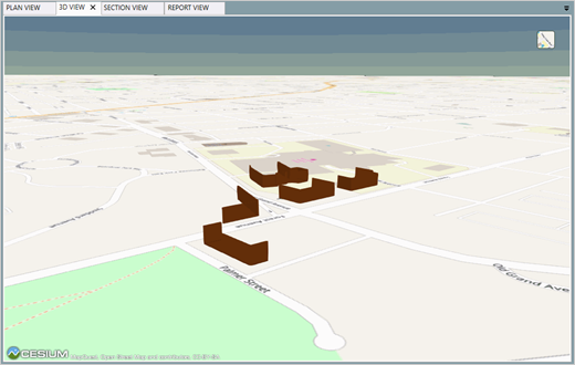 Title: Large Building Barrier Modeling - Description: Screenshot of TNM 3.0 showing 3D view of large buildings modeled as barriers.
