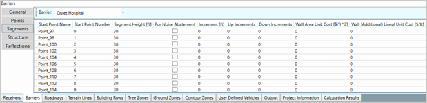 Title: Input Data - Description: Screenshot of TNM 3.0 showing large buildings input data, with the same fields as for a barrier.