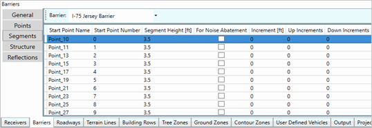 Title: Input Data - Description: Screenshot of TNM 3.0 showing Jersey barriers input data, with the same fields as Barriers (with 3.5 foot height).