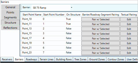 Title: Segments on structure - Description: Screenshot of TNM 3.0 showing Barrier Segments On Structure, with fields of On Structure (True/False), Barrier Roadway segment pairing, and textual pairing.