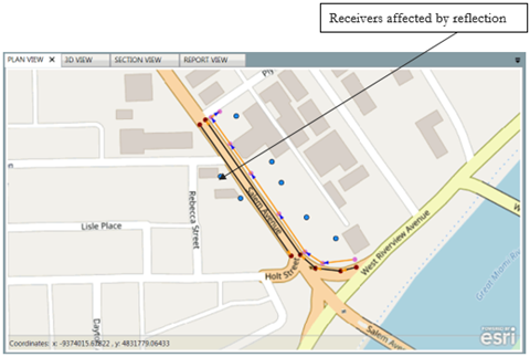Title: Plan View - Description: Screenshot of TNM 3.0 showing barrier reflection plan view with callout pointing to location of receivers affected by reflection.