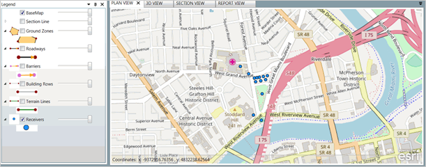 Title: Recievers Plan View - Description: Screenshot of TNM 3.0 showing the Receivers plan view with tools on the left and the plan view of the road to the right.