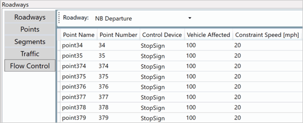 Title: Departure Leg Flow Control (Local Road) - Description: Screenshot of TNM 3.0 showing departure leg control device, vehicle affected, and constraint speed fields.