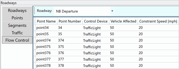 Title: Departure Leg Flow Control (Main Road) - Description: Screenshot of TNM 3.0 showing the control device, vehicles affected, and constraint speed fields for each segment of a departure leg.