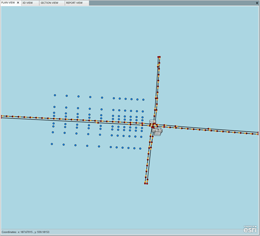 Title: Unsignalized Intersection Modeling - Description: Screenshot of TNM 3.0 showing the plan view of a model for an unsignalized intersection.