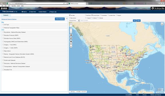This figure shows the web page that is the download client for the The National Map, which is hosted by the United States Geological Survey (USGS). The web page shows the types of GIS data that may be accessed and downloaded from the The National Map. The left side of the web page includes a number of checkboxes for the type of dataset that is of interest to the user. When the checkbox next to the dataset is checked, more options appropriate for each dataset are displayed for the user. There are checkboxes for: US topo, historical topographic maps, boundaries, elevation products, elevation source data, hydrography, imagery (1-foot), imagery (1-meter), map indices, Geographic Names Information System, National Land Cover Database, small-scale datasets, National Structures Dataset, National Transportation Dataset, and woodland tint. The right side of the web page is an interactive world map that defaults to a view of the conterminous United States. Users can enter a location for which they require geographic data by typing into a search field or by selecting an area on the interactive map.