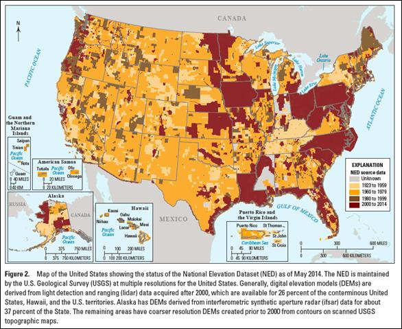 The map is reproduced from Figure 2 of USGS Circular 1399. It shows a map of the conterminous United States with maps of Hawaii, Alaska, and territories of the United States (Guam and the Northern Mariana Islands, American Samoa, Puerto Rico, and the Virgin Islands) as insets. The map uses shading to indicate the status of the data that make up the National Elevation Dataset (NED). The map shows that 26 percent of the conterminous United States has ground elevation data that are based on light detection and ranging (LiDAR) or interferometric synthetic aperture radar (Ifsar) technologies. The data developed with these technologies are based on NED source data acquired between 2000 and 2104. The map also shows the extent of the NED source data that were developed from older technologies for the periods from 1923 to 1959, from 1960 to 1979, and from 1980 to 1999.