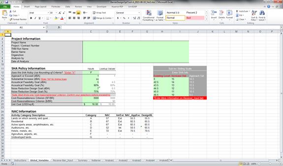 The figure in Step 3 is a "screen shot" of a portion of the "Global_Variables" worksheet contained within the Noise Barrier Optimization Tool, which is a Microsoft Excel® workbook.