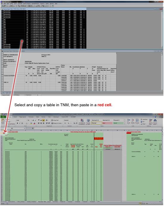 The figure in Step 4 shows a "screen shot" of a FHWA TNM window with a "screen shot" of a portion of the "Receiver-Barr_Input" worksheet contained within the Noise Barrier Optimization Tool, which is a Microsoft Excel® workbook. The figure illustrates the process used to select and copy the Receiver Input Table in TNM, and then paste it into the appropriate cell in the "Receiver-Barr_Input" worksheet.