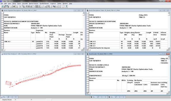 The figure in Step 5 shows a "screen shot" of a FHWA TNM window to illustrate what tables and views should be open in the FHWA TNM, when the Noise Barrier Optimization Tool is used for noise barrier design.