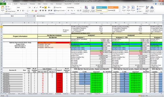 The figure in Step 7 is a "screen shot" of a portion of the "Summary" worksheet contained within the Noise Barrier Optimization Tool, which is a Microsoft Excel® workbook.