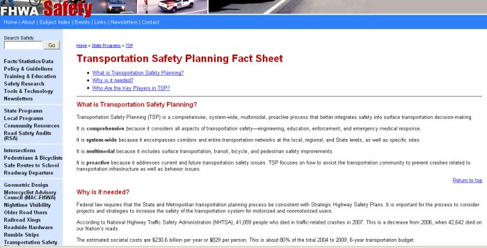 Screenshot of the FHWA Safety Transportation Safety Planning Fact Sheet